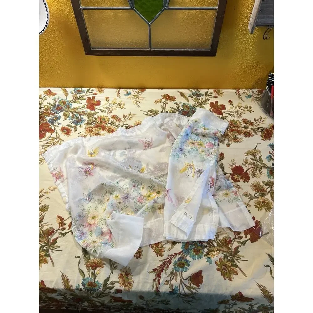 Vintage Two Panel Sheer Floral Butterfly Window Valance Curtain Set